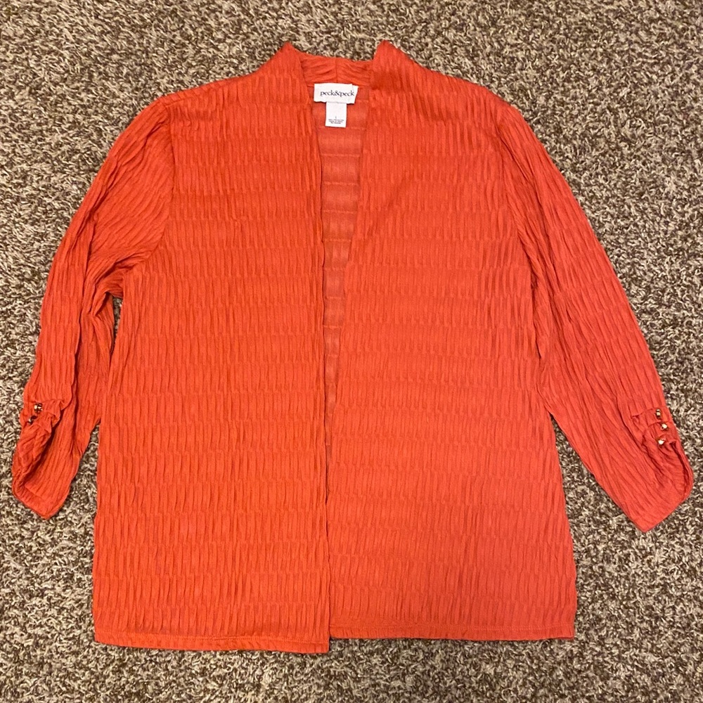 Vintage Peck and Peck Vibrant Orange Crinkle Open Cardigan